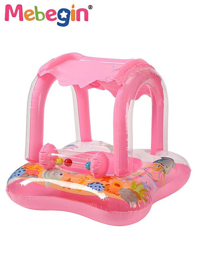 MEBEGIN - Baby Pool Float with Sun Canopy, Inflatable Swimming Pool Toy with Cartoon Patterns and Bells, Swimming Ring with Safety Seat, Comfortable Infant Floaty, Fun Water Toys for Kids, Suitable for Family Swimming Pools, Outdoor Trips, Lakes and Beaches, 52*52*75cm - Image 1