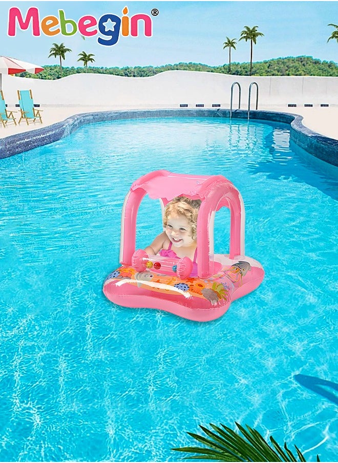MEBEGIN - Baby Pool Float with Sun Canopy, Inflatable Swimming Pool Toy with Cartoon Patterns and Bells, Swimming Ring with Safety Seat, Comfortable Infant Floaty, Fun Water Toys for Kids, Suitable for Family Swimming Pools, Outdoor Trips, Lakes and Beaches, 52*52*75cm - Image 1
