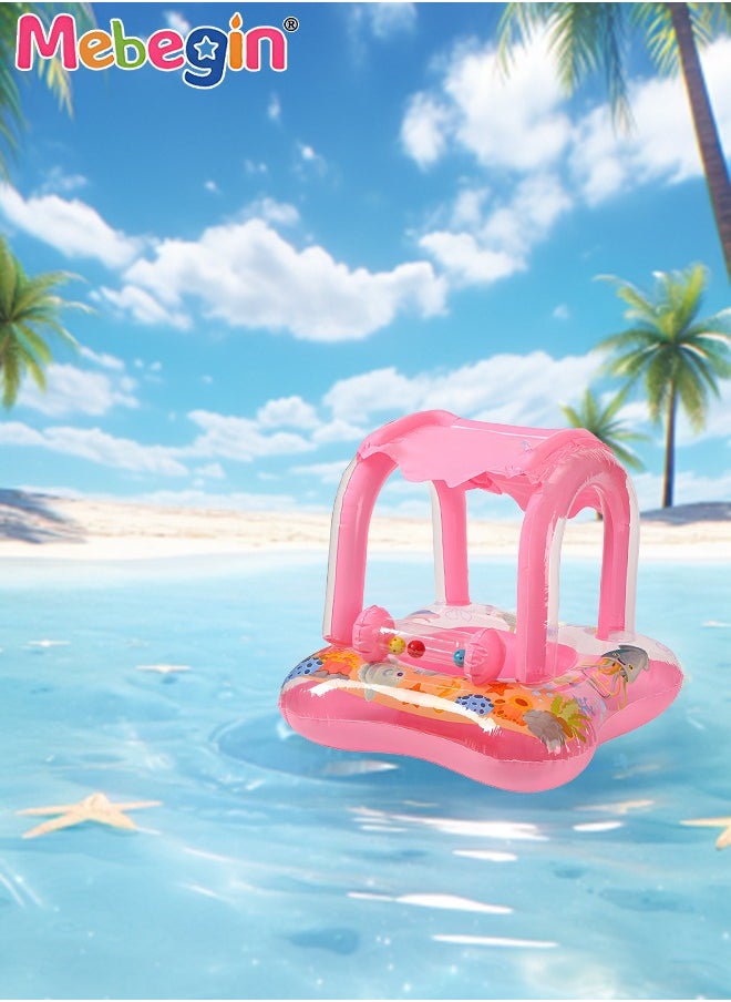 MEBEGIN - Baby Pool Float with Sun Canopy, Inflatable Swimming Pool Toy with Cartoon Patterns and Bells, Swimming Ring with Safety Seat, Comfortable Infant Floaty, Fun Water Toys for Kids, Suitable for Family Swimming Pools, Outdoor Trips, Lakes and Beaches, 52*52*75cm - Image 1