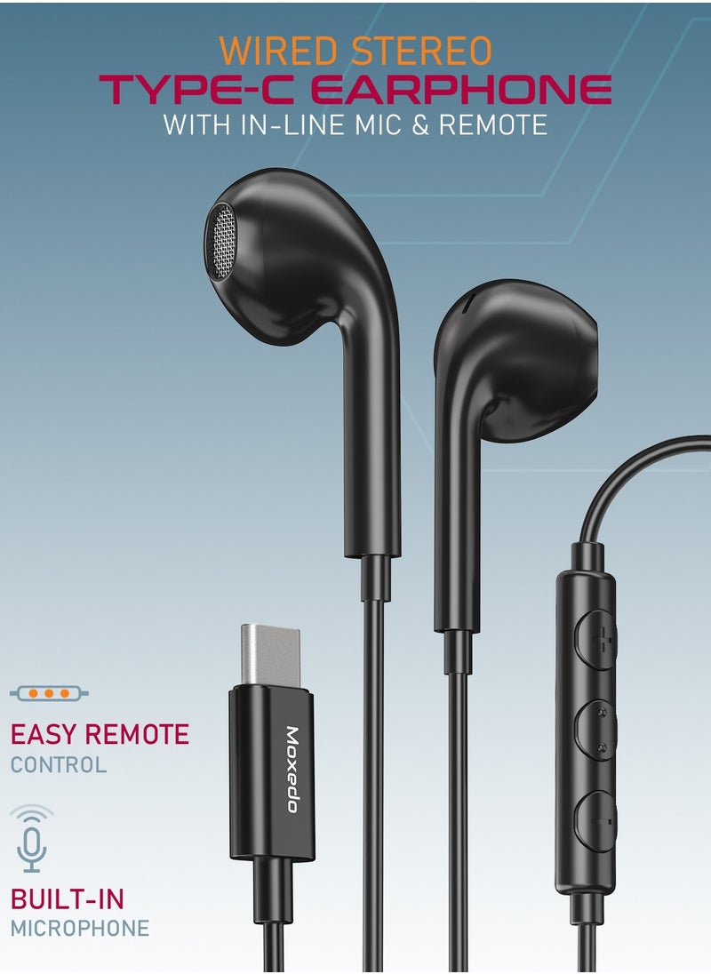 Moxedo - Moxedo Wired Stereo Earphone USB Type-C Connector Earphone with In-Line Remote, Built-in Microphone for iPhone 15/15 Plus/15 Pro/15 Pro Max/S24Ultra/S23/S23 Ultra/S22/S22 Ultra/S21 (Black) - Image 1