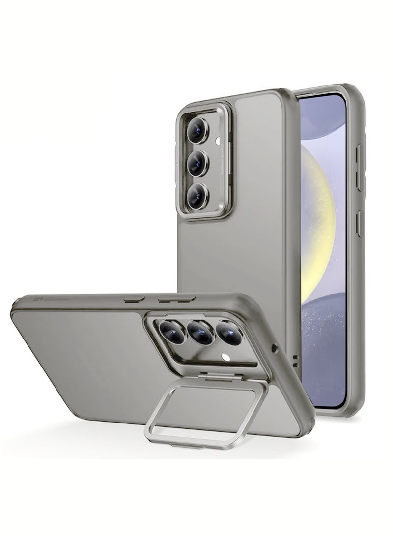 دبليو تيك غطاء خلفي شفاف من السيليكون الناعم الهجين مع حامل حامل للكاميرا قابل للطي لهاتف سامسونج جالاكسي S24+ / S24 Plus 5G 2024 رمادي - Image 1