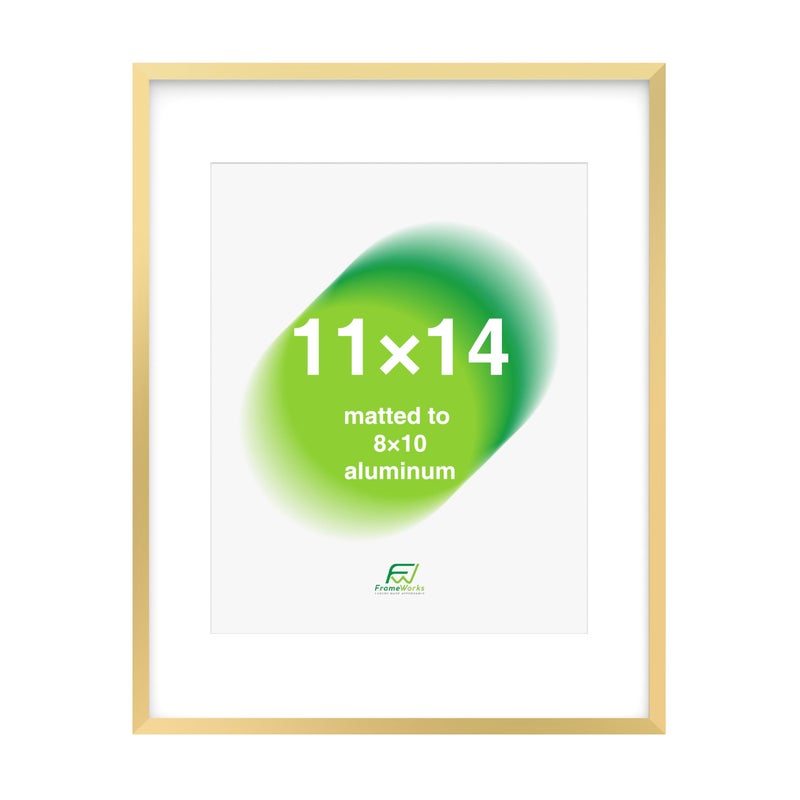 FrameWorks 11x14 Matted to 8x10 Picture Frame  Aluminum Frame wTempered Glass Removable Mat for Photos Posters Art Stylish Wall Frame for Home Decor Gallery Walls Office Living Room  Gold