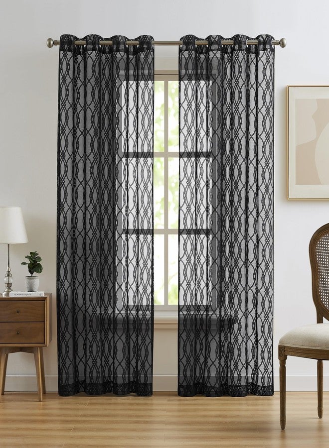 LINENZONE Geometric Curtains for Living Room or Dining Room Decor. Beautiful Sheer Lace Black Curtains with Moroccan Pattern for Modern Home. 54 x 84 Inch Curtains. (Giselle 54 x 84, Black) - Image 1