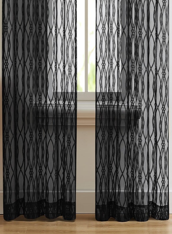 LINENZONE Geometric Curtains for Living Room or Dining Room Decor. Beautiful Sheer Lace Black Curtains with Moroccan Pattern for Modern Home. 54 x 84 Inch Curtains. (Giselle 54 x 84, Black) - Image 3