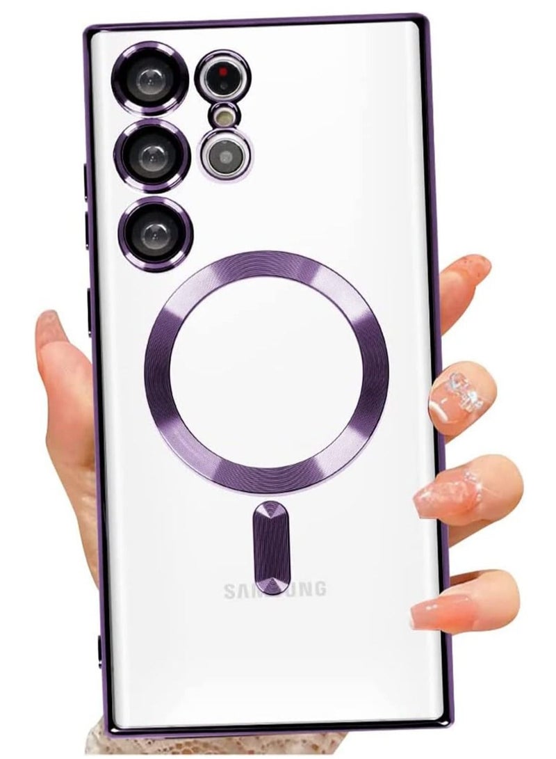 إلترازون Magnetic Clear Case for Samsung Galaxy S23 Ultra 5G with Camera Lens Protector, Compatible with MagSafe, Electroplated Slim Shockproof Phone Protective Cover for Women Men (Purple) - Image 1