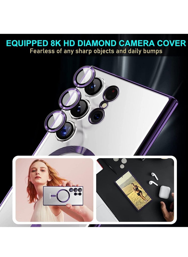 إلترازون Magnetic Clear Case for Samsung Galaxy S23 Ultra 5G with Camera Lens Protector, Compatible with MagSafe, Electroplated Slim Shockproof Phone Protective Cover for Women Men (Purple) - Image 3