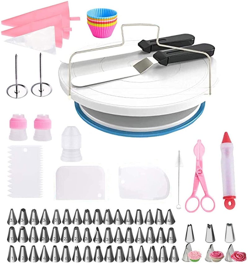 Miecux 105 PCs Cake Decorating Supplies Kit for Beginners  Pink Aluminium Rotating Turntable Stand Mixed Opening Shapes Cake Decorating Kit
