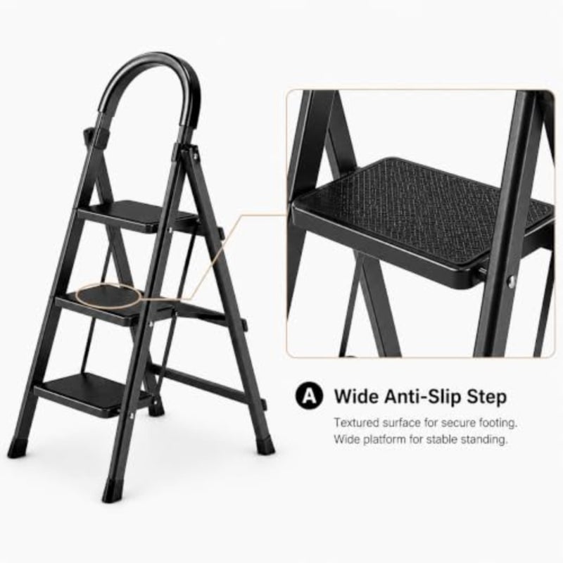 Foldable Ladder 3 Steps, Home Ladder Folding Step Stool with Wide Anti-Slip Pedal, Adults Folding Sturdy Steel Ladder for Home, Kitchen, Garden, Office Black - Image 4