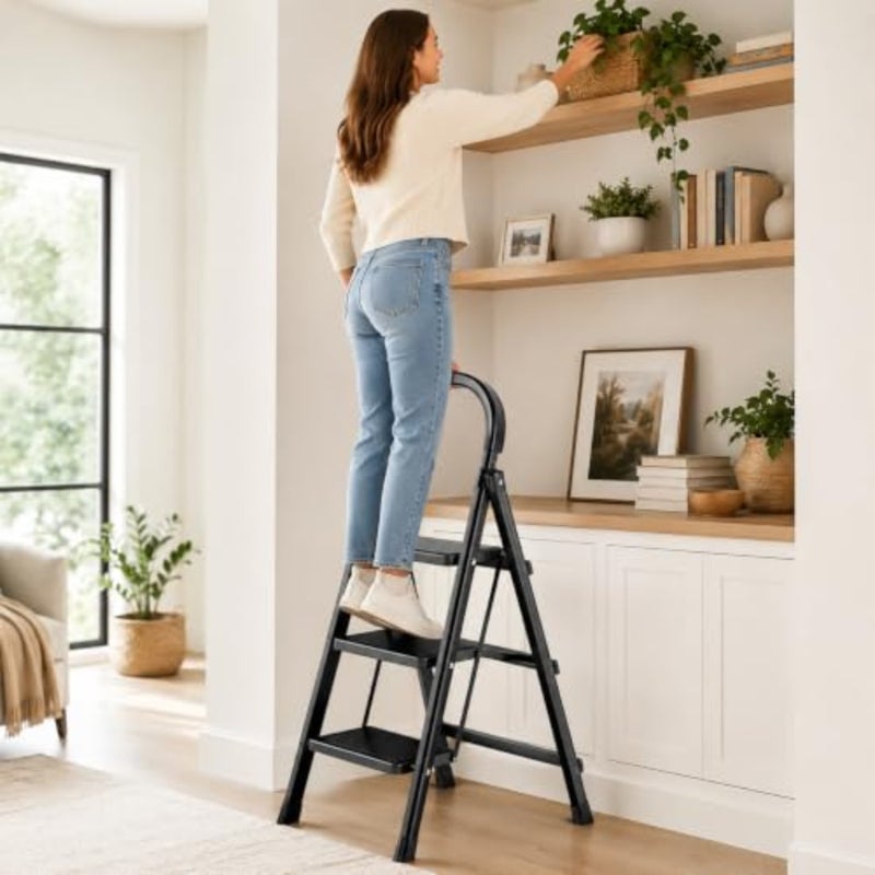 Foldable Ladder 3 Steps, Home Ladder Folding Step Stool with Wide Anti-Slip Pedal, Adults Folding Sturdy Steel Ladder for Home, Kitchen, Garden, Office Black - Image 2