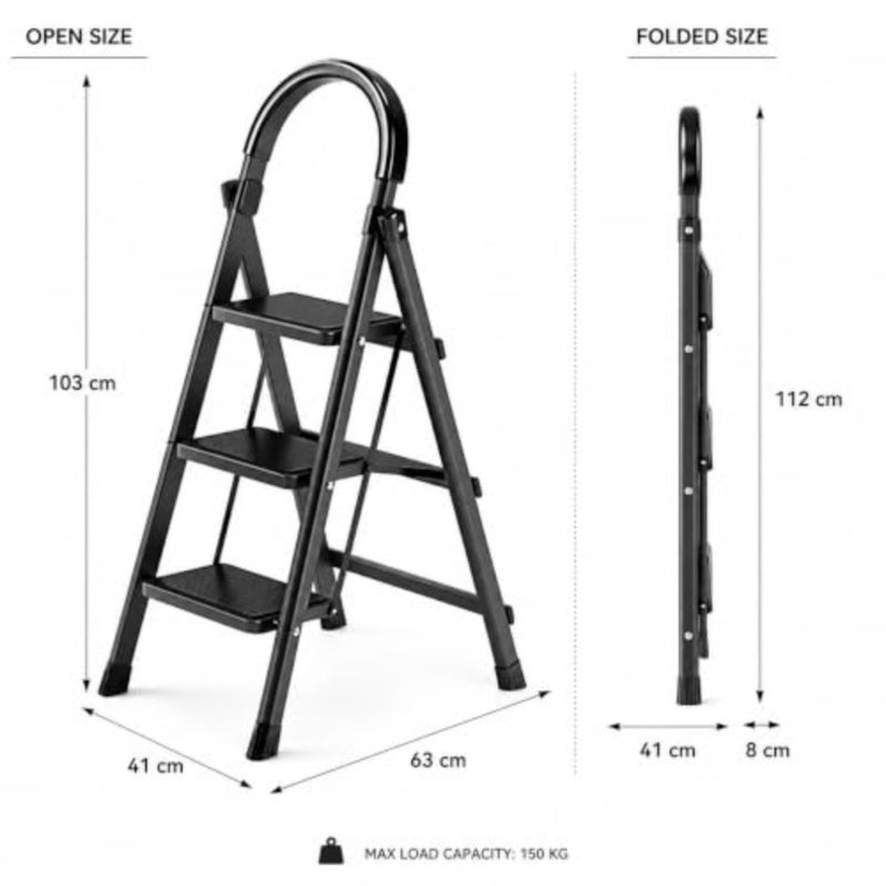 Foldable Ladder 3 Steps, Home Ladder Folding Step Stool with Wide Anti-Slip Pedal, Adults Folding Sturdy Steel Ladder for Home, Kitchen, Garden, Office Black - Image 3