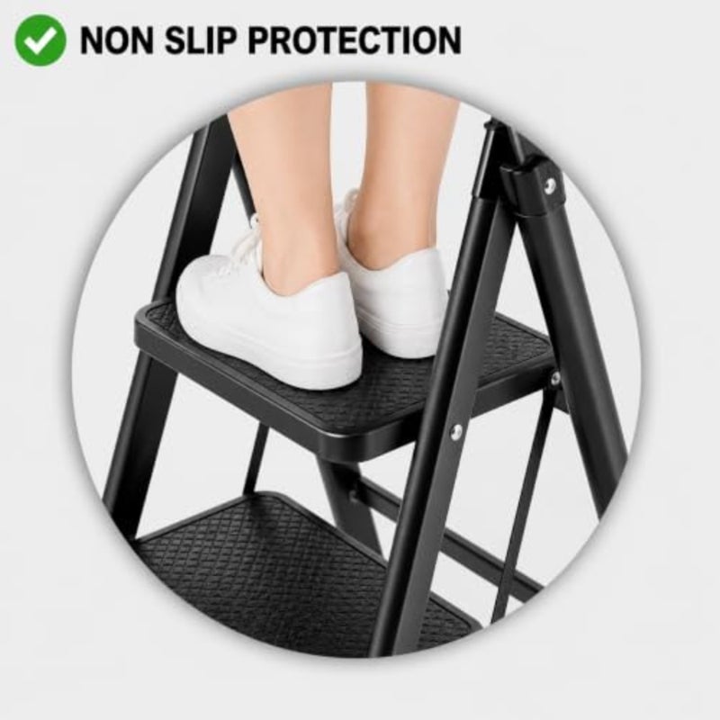 Foldable Ladder 3 Steps, Home Ladder Folding Step Stool with Wide Anti-Slip Pedal, Adults Folding Sturdy Steel Ladder for Home, Kitchen, Garden, Office Black - Image 5