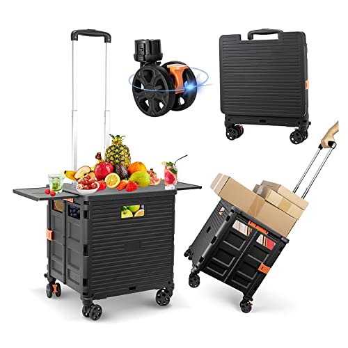 FELICON FELICON SELORSS Folding Utility Cart Portable Rolling Crate Handcart with Magnetic Sliding Lid Telescoping Handle Plastic Box Dolly 360Swivel Wheels for Travel Shop Move Office TeacherBlack Pro 