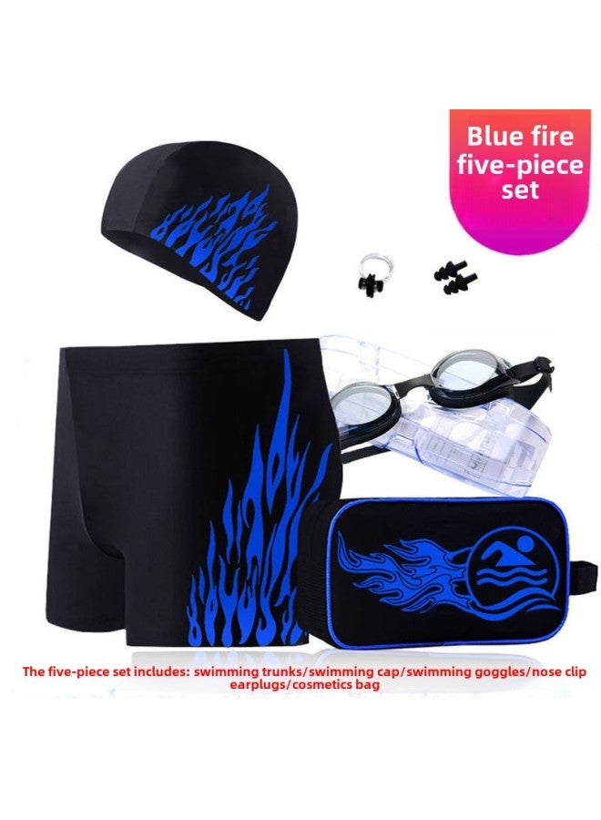Generic Swimming Trunks Men's Anti-embarrassment Plus Size Men's Quick-drying Loose Hot Spring Swimsuit Equipment Suit-Color:Blue Fire Swimming Trunks Five-piece Set (selected Without Myopia) Cost-effective-Size:L( 40-50kg ) Refuse To Be Shoddy - Image 1
