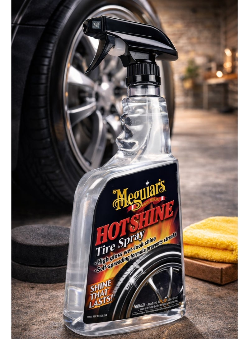 هوت شاين بخاخ تلميع الإطارات بلمعة مبللة قوية وتركيبة ذاتية الانتشار تمنع ظهور الخطوط وتمنح لمعاناً يدوم طويلاً.