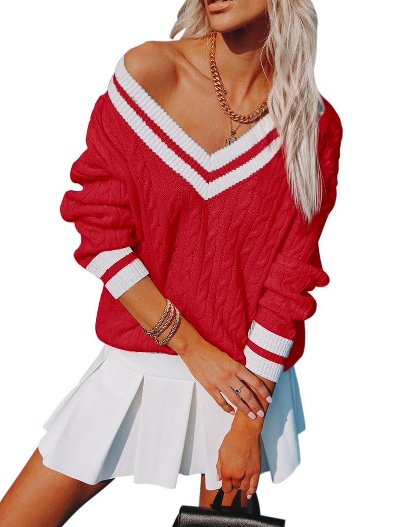 Aoudery Womens V Neck Oversized Sweaters Long Sleeve Cable Knit Pullover Striped Chunky Sweater Casual Tennis Tunic Tops - Red S - Image 1