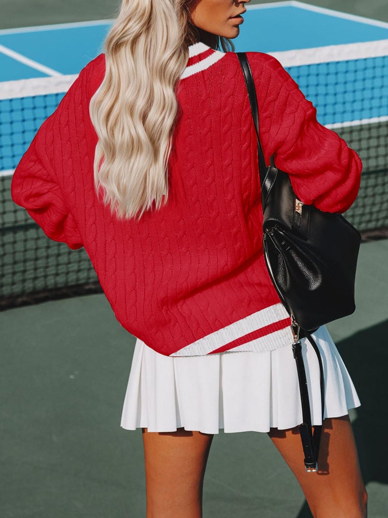 Aoudery Womens V Neck Oversized Sweaters Long Sleeve Cable Knit Pullover Striped Chunky Sweater Casual Tennis Tunic Tops - Red S - Image 2