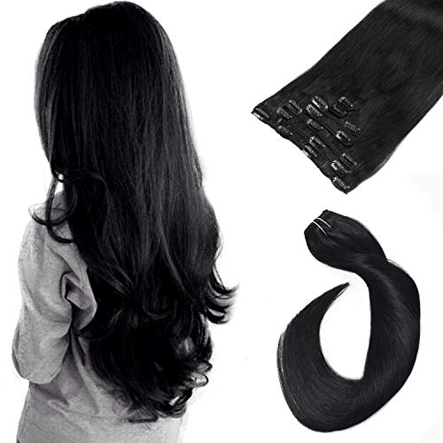 Clip in Human Hair Extensions Jet Black 7 Pieces 70 Gram Silky Straight Double Weft Remy Clip in Hair Extensions for Women 20 Inch for Fine Hair