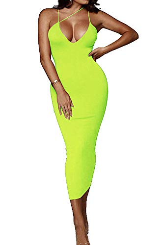 PRIMODA Women's Sexy Neon Asymmetrical Spaghetti Strap Dress Deep V-Neck Sleeveless Bodycon Midi Club Dress (Neon-Green,M) - Image 1