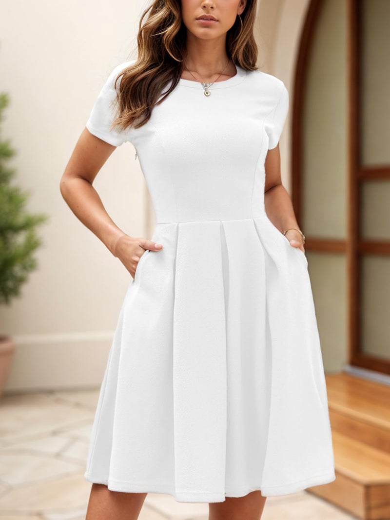 oxiuly White Graduation Dresses for Women 2024 Summer Business Casual Office Work Professinal Classy Short Sleeve Pleates High Waist A Line Scope Neck Vintage Dress S253 White S - Image 3