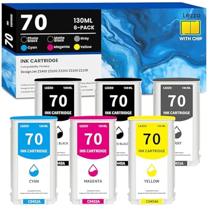 70 INK CARTRIDGE 130ML 6-PACK WITH CHIP C9448A C9449A C9450A C9452A C9453A C9454A INK REPLACEMENT FOR HP 70 INK FOR DESIGNJET Z5400 Z5200 Z3200 Z3100 Z2100 PRINTER (MK/PK/C/M/Y/G) - Image 1