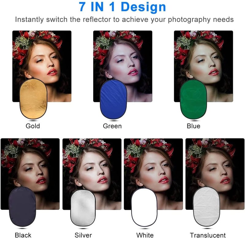 eWINNER 150*200cm 7in1 Light Reflector Set Portable Collapsible Multi-Disc Reflector Photography with Bag for Photography Photo Lighting Outdoor Lighting Translucent Silver Gold White Black Green Blue - Image 3