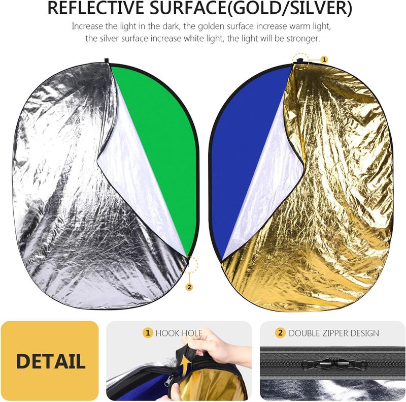 eWINNER 150*200cm 7in1 Light Reflector Set Portable Collapsible Multi-Disc Reflector Photography with Bag for Photography Photo Lighting Outdoor Lighting Translucent Silver Gold White Black Green Blue - Image 5
