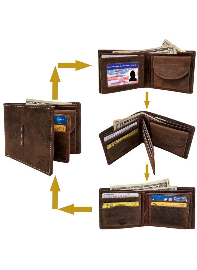 راستيك تاون - محافظ RUSTIC TOWN للرجال - محفظة جلدية كاملة الحبوب بتقنية RFID للرجال مع نافذة هوية وفتحات للبطاقات وجيب للعملات المعدنية (كبيرة، بني غامق) - Image 1