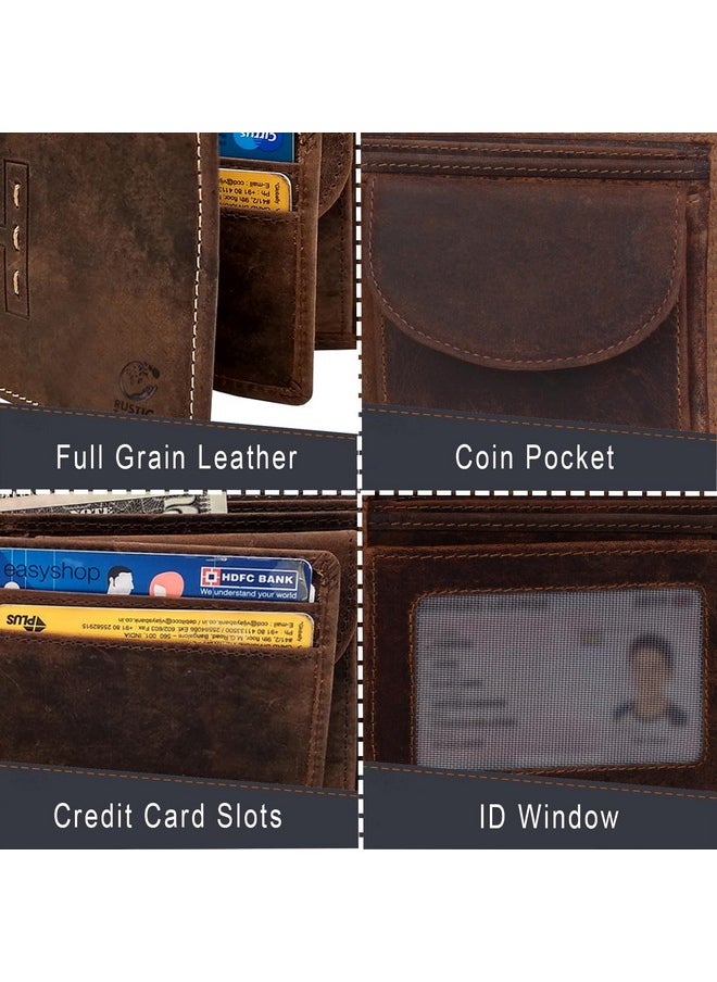 راستيك تاون - محافظ RUSTIC TOWN للرجال - محفظة جلدية كاملة الحبوب بتقنية RFID للرجال مع نافذة هوية وفتحات للبطاقات وجيب للعملات المعدنية (كبيرة، بني غامق) - Image 1