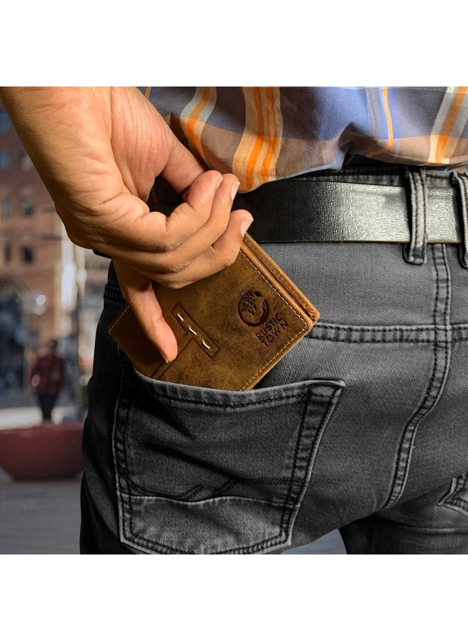 راستيك تاون - محافظ RUSTIC TOWN للرجال - محفظة جلدية كاملة الحبوب بتقنية RFID للرجال مع نافذة هوية وفتحات للبطاقات وجيب للعملات المعدنية (كبيرة، بني غامق) - Image 1