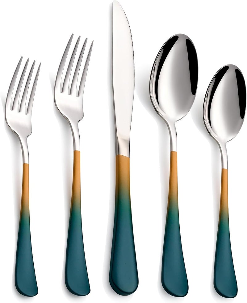 Moxinox 20-Piece Green and Orange Silverware Set, 18/0 Stainless Steel Colorful Handle Flatware Set,Service for 4,Modern Cutlery Set Includes Dinner Knives Forks Spoons,Mirror Polished,Dishwasher Safe - Image 1