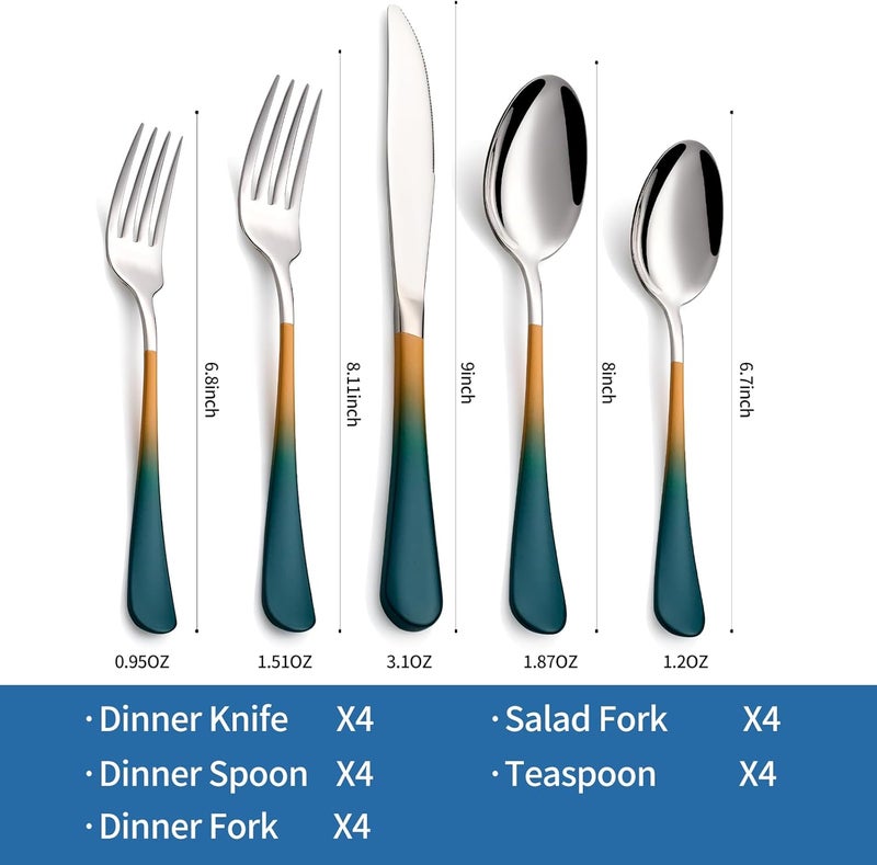 Moxinox 20-Piece Green and Orange Silverware Set, 18/0 Stainless Steel Colorful Handle Flatware Set,Service for 4,Modern Cutlery Set Includes Dinner Knives Forks Spoons,Mirror Polished,Dishwasher Safe - Image 2