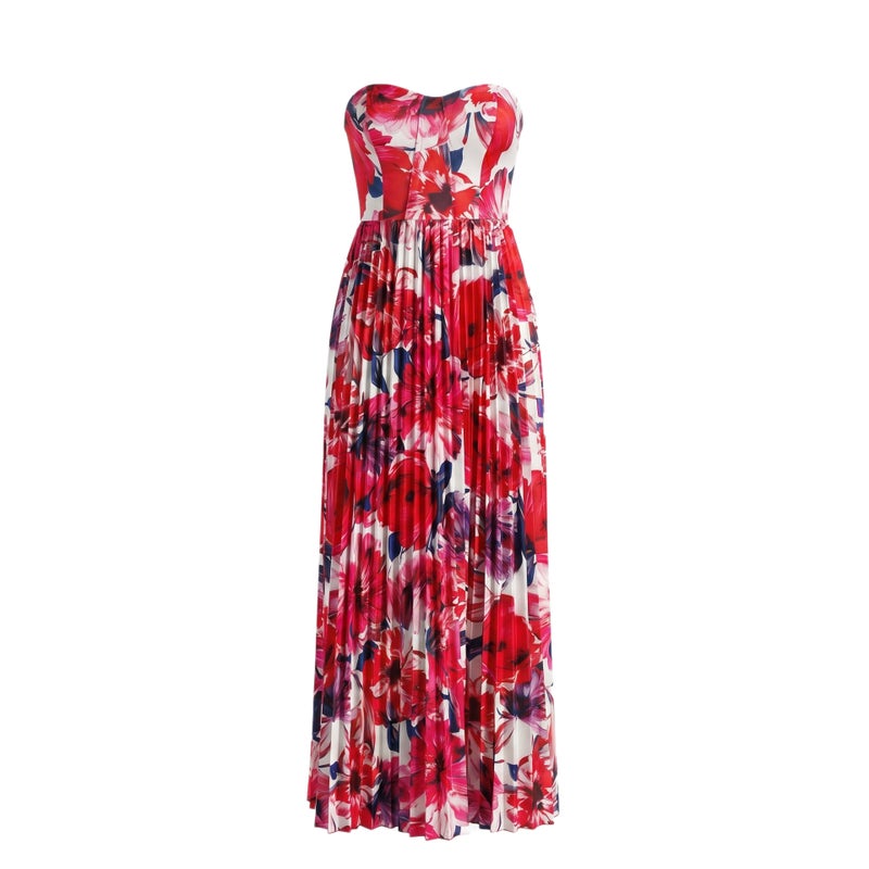 Women's Summer Abstract Print Strapless A-Line Maxi Dress Slim Fit Pleated - Image 5