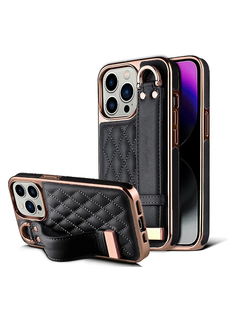 SYOSI Case for iPhone 14 Pro Max, Premium PU Leather Phone Case with Kickstand, Luxury Gold Plating Edge, Hand Finger Strap, Cute Holder Gift for Women Girls, Soft Thin Protective Cover, 6.7 inch - Black - Image 1