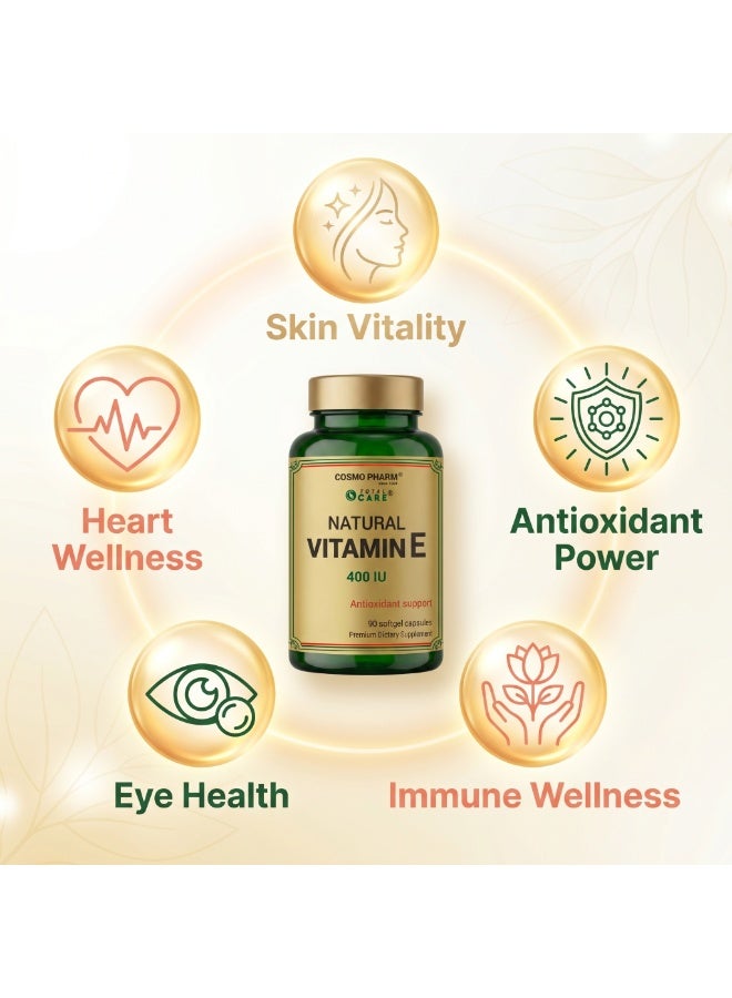 Cosmo Pharm Natural Vitamin E 400 IU | D-Alpha Tocopherol for Antioxidant & Skin Support | 90 Softgels - Image 3