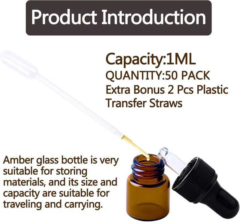 Easeen 50pcs 1ml Amber Mini Glass Dropper Bottles, Small Amber Sample Bottle with Glass Eye Dropper for Essential Oils Sample Traveling - Image 4