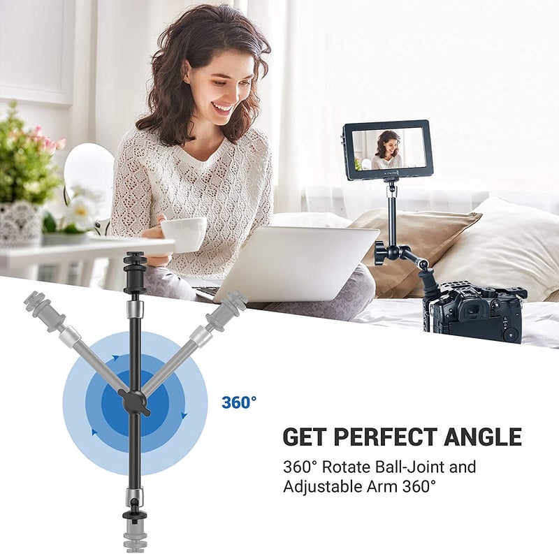 E-IMAGE EI-A22 11" Stainless Steel Articulating Magic Arm | with Cold Shoe Mount & Standard 1/4"-20 Threaded Screw Adapter | for LCD Monitor/LED Lights | Payload 3kg - Image 4