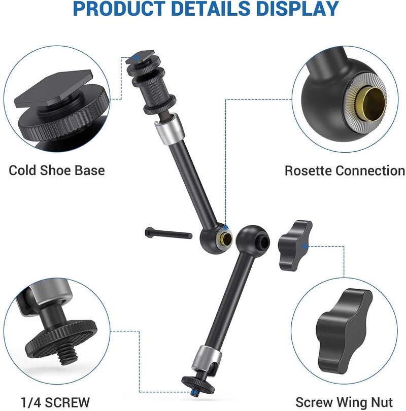 E-IMAGE EI-A22 11" Stainless Steel Articulating Magic Arm | with Cold Shoe Mount & Standard 1/4"-20 Threaded Screw Adapter | for LCD Monitor/LED Lights | Payload 3kg - Image 1