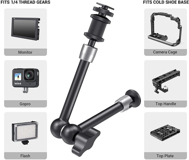 E-IMAGE EI-A22 11" Stainless Steel Articulating Magic Arm | with Cold Shoe Mount & Standard 1/4"-20 Threaded Screw Adapter | for LCD Monitor/LED Lights | Payload 3kg - Image 2