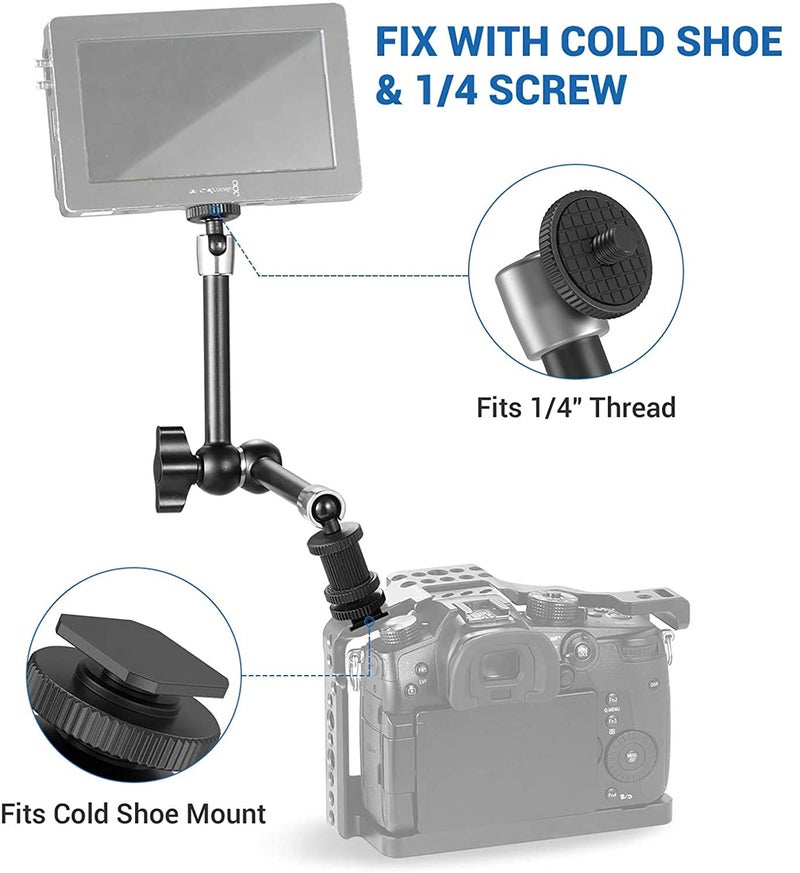 E-IMAGE EI-A22 11" Stainless Steel Articulating Magic Arm | with Cold Shoe Mount & Standard 1/4"-20 Threaded Screw Adapter | for LCD Monitor/LED Lights | Payload 3kg - Image 3