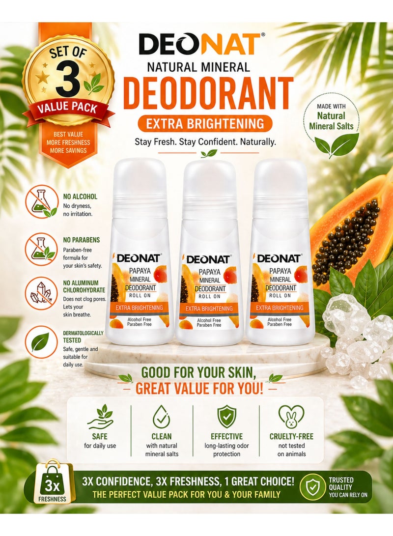 DEONAT Papaya Mineral Deodorant Roll On Extra Brightening with Papaya Extract Glutathione Underarm Whitening Lightening Anti Dark Underarms Odor Protection Natural Mineral Deodorant Roll On for Men and Women Long Lasting Freshness Daily Use Gentle Skin Care 65 ml Pack of 3 - Image 1