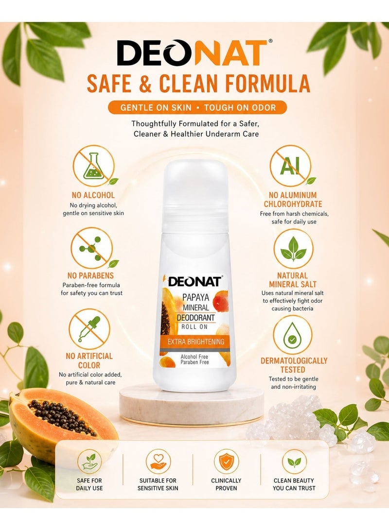 DEONAT Papaya Mineral Deodorant Roll On Extra Brightening with Papaya Extract Glutathione Underarm Whitening Lightening Anti Dark Underarms Odor Protection Natural Mineral Deodorant Roll On for Men and Women Long Lasting Freshness Daily Use Gentle Skin Care 65 ml Pack of 3 - Image 5