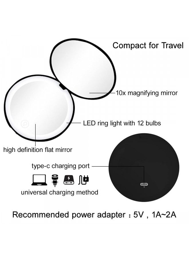Milishow Milishow Compact Mirror with LED Light,1x/10x Magnifying Rechargeable Mirror,3.5in Pocket Mirror, Dimmable Travel Mirror for Purse,Handbag,Pocket,Handheld 2-Sided Makeup Mirror (Black) - Image 4