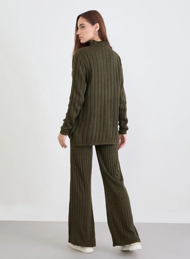 ستايلي طقم منسق من بنطال وسويتر محبوك بتفاصيل مضلعة