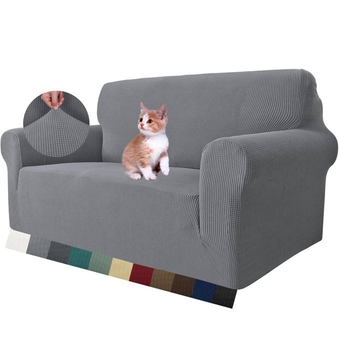 STRETCH LOVESEAT SOFA SLIPCOVERS 1 PIECE LOVE SEAT COUCH COVERS FOR 2 CUSHION COUCH NON SLIP SOFA COVER WASHABLE DOG CAT PROOF FURNITURE PROTECTOR PET FRIENDLY LOVESEAT LIGHT GRAY