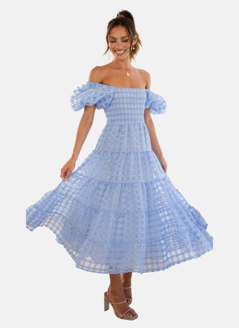 يونيكي فستان أزرق مكشوف الكتفين - Image 1