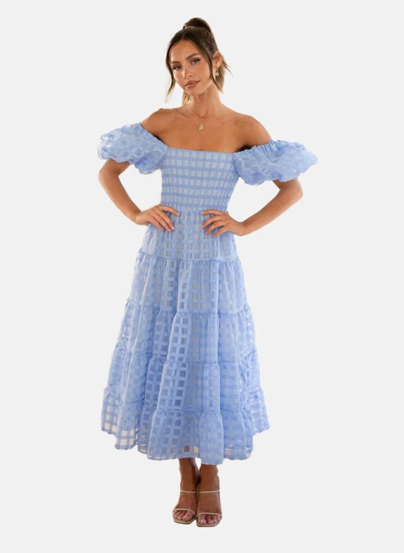 يونيكي Light Blue Off-Shoulder Self Design Fit & Flared Dress