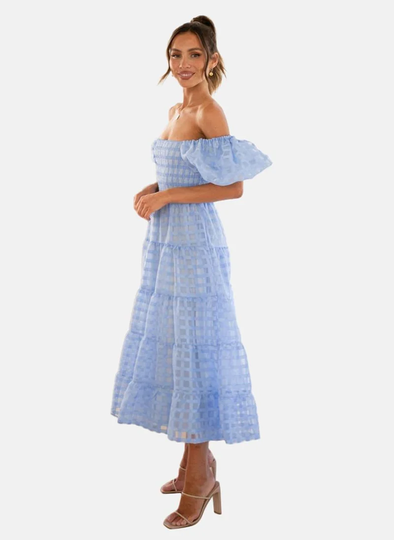 يونيكي Light Blue Off-Shoulder Self Design Fit & Flared Dress