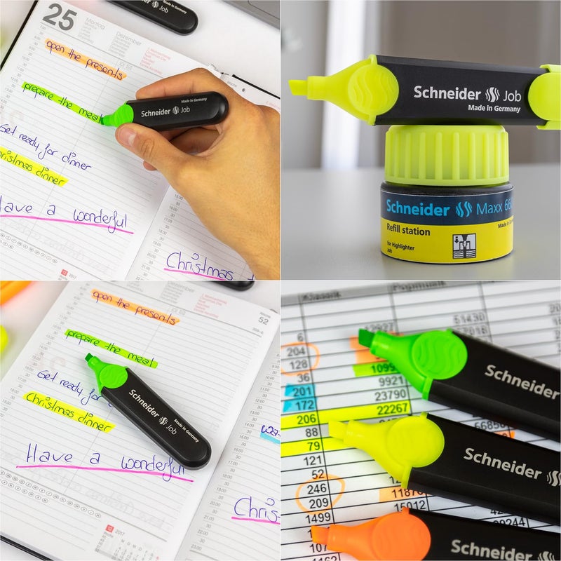 Schneider أقلام تمييز شنايدر، طرف مائل، 1 + 5 مم، أسطوانة سوداء، ألوان حبر متنوعة، عبوة من 4 أقلام تمييز: برتقالي، أخضر، وردي، أصفر (1500) - Image 4