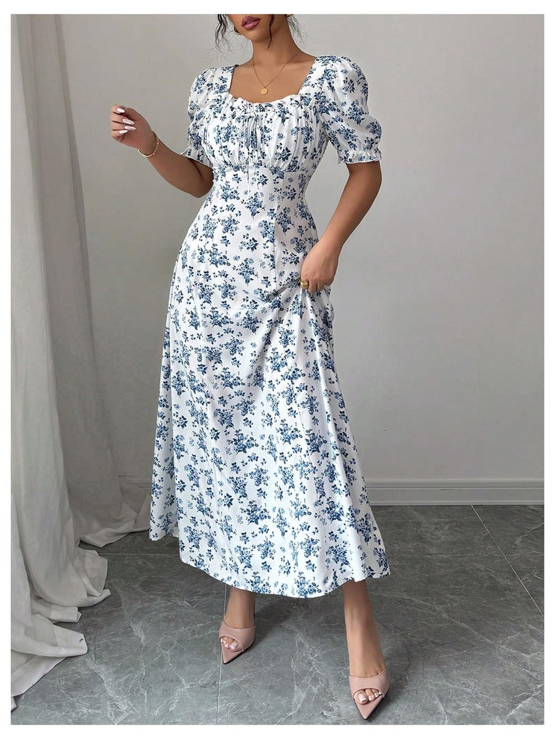 Floerns Women's Floral Short Puff Sleeve Milkmaid Dress Boho A Line Long Dresses Blue X-Small - Image 5