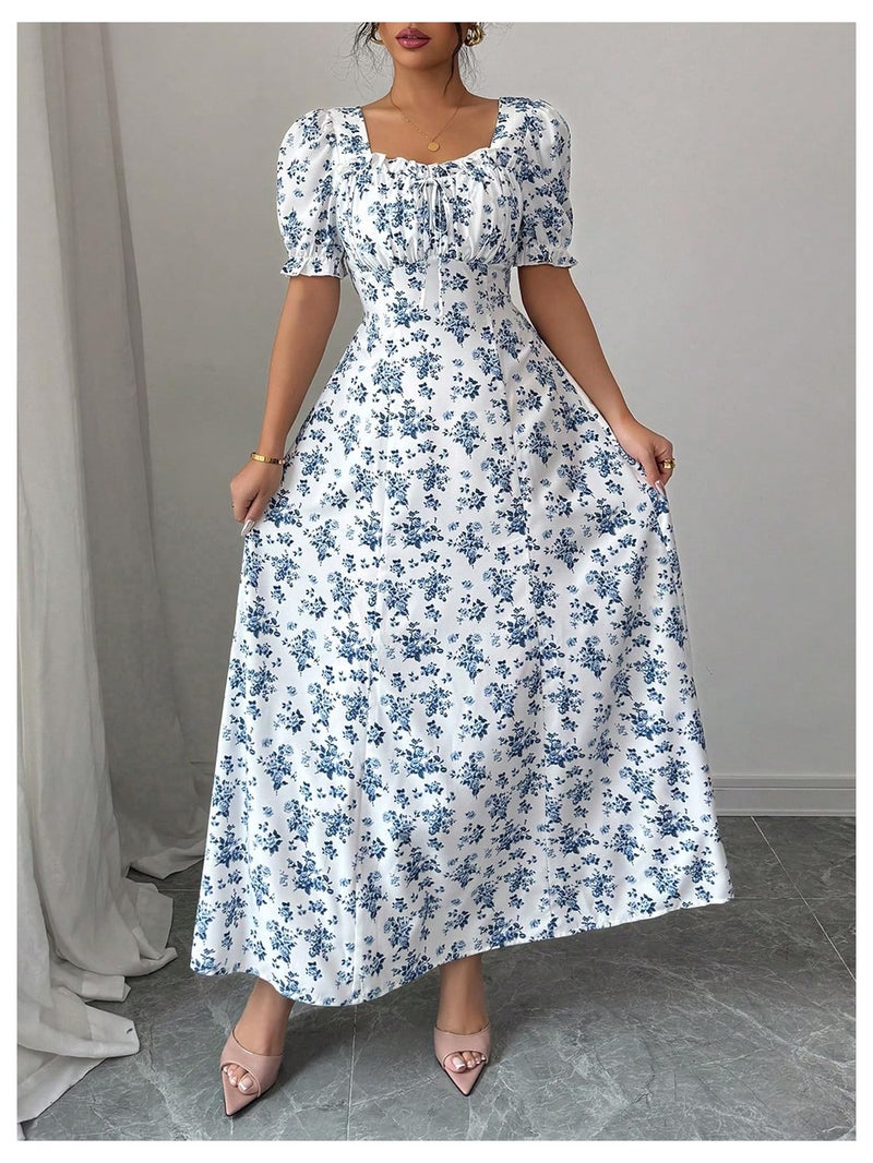 Floerns Women's Floral Short Puff Sleeve Milkmaid Dress Boho A Line Long Dresses Blue X-Small - Image 3